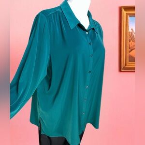 Susan Graver Women’s Plus Size 3X Long Sleeve Button-Up Shirt Emerald Green